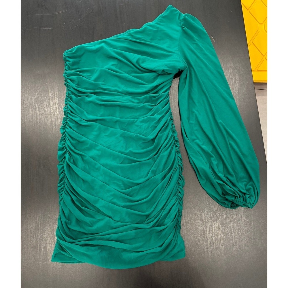 ANRABESS Emerald Green One Shoulder Ruched Mini Dress Lantern Sleeve Large